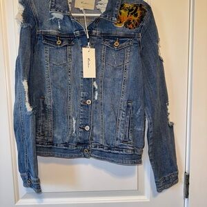 NWT KanCan Distressed Blue Denim Jacket with Embroidery